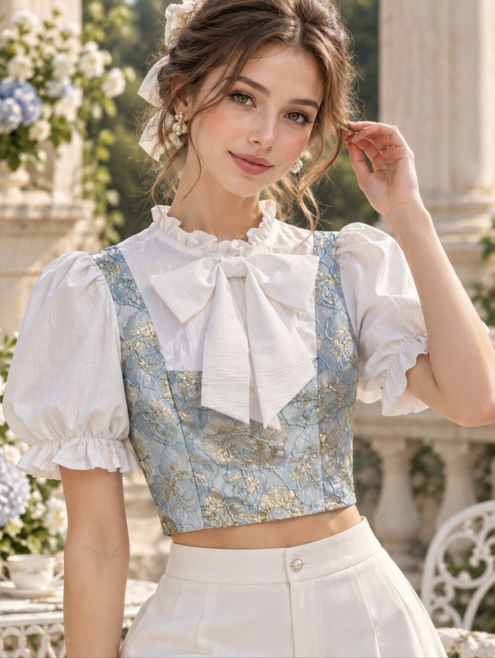 SHEIN Romantic Puff Sleeve Bow Crop Blouse Size M US 6